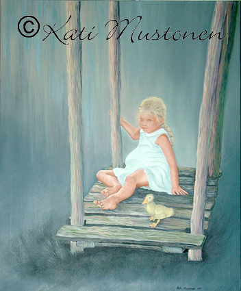 Ankkaa keinuttamassa. Kati Mustosen öljyvärimaalaus vuodelta 2011. Aihe Latviasta, Vidsalasta.