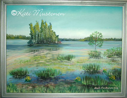 Kevätnäkymä Rimahelvetille. Kati Mustosen öljyvärimaalaus Kolhosta, Kaijanselän rannalta vuodelta 2010.