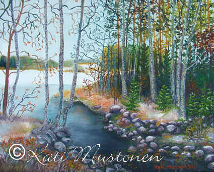 Näkymä Ukonselälle. Kati Mustosen öljyvärimaalaus Uittosalmentieltä Kolhosta vuodelta 2011.