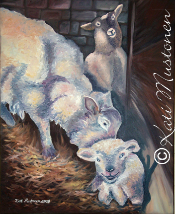 Tulkaa katsomaan, Kati Mustosen öljyvärimaalaus vuodelta 2009. Lampaita eräässä navetassa, Pukkilassa