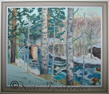 Vilppulankoski Kevättalvimaalaus. Kati Mustosen öljyvärityö vuodelta 2009.